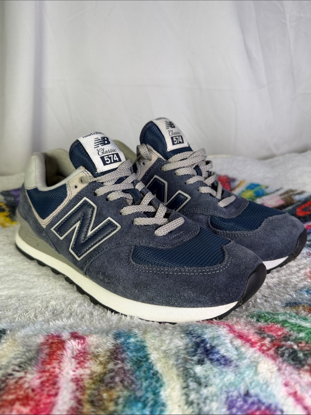New Balance 574 Men’s Navy Gray Suede & Mesh Sneakers